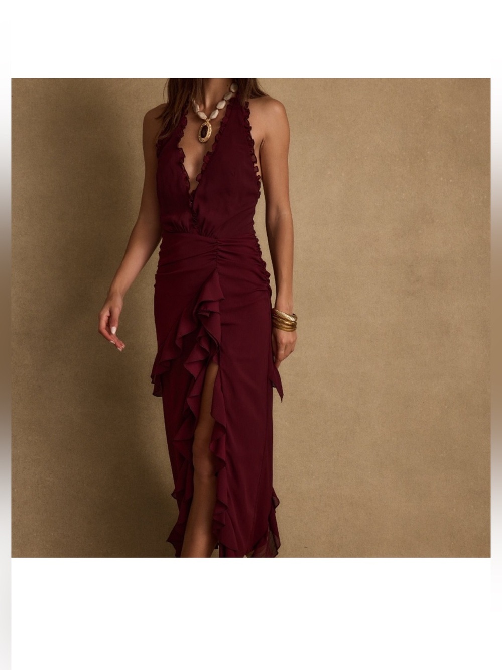 12th Tribe Aria Merlot Ruffled Halter Maxi Dress